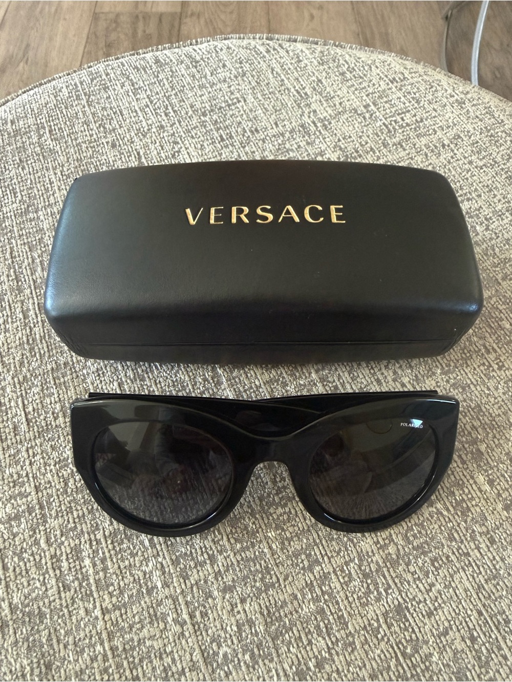 Versace Black Cat-Eye Sunglasses with Gold Medallion Accent - Picture 2 of 6